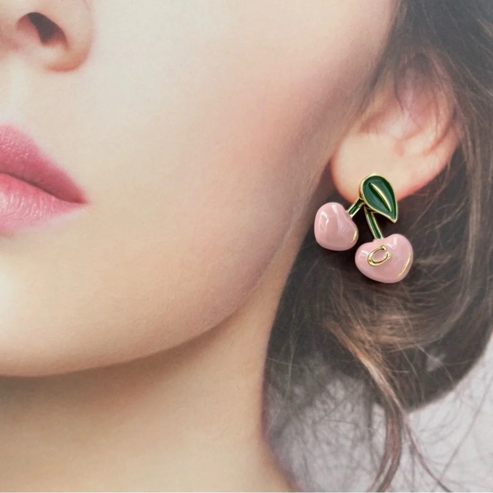 🌸✨Coach Cherry Stud Earrings • Gold/Pink - Picture 7 of 8